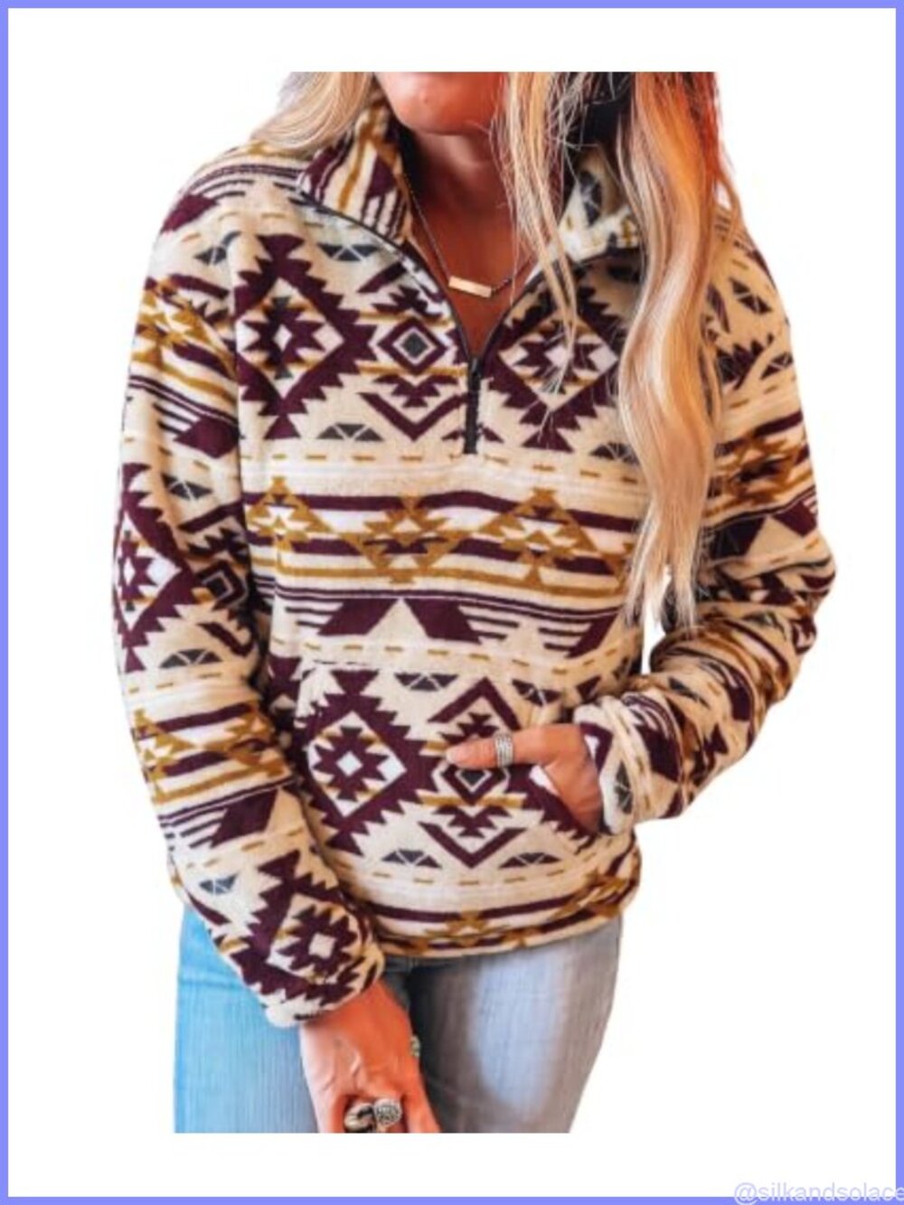 Aztec Half Zip Sherpa Fleece Sweatshirt Western Tribal Pullover